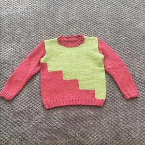 Kids Hand knitted Colorblock Knit Sweater in Coral and Lime